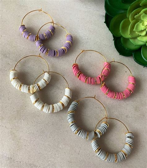 Heishi Beaded Wire Hoop Earrings 2 Clay Polymer African Disk Etsy