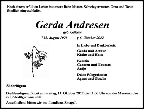 Traueranzeigen Von Gerda Andresen Sh Z Trauer