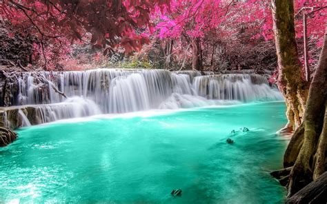 River Fall Trees Red Tropical Thailand Waterfall Sun