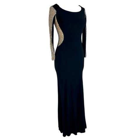 Xscape Dresses Xscape Black Gown Illusion Beaded Nude Long Sleeve