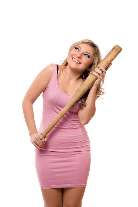 Retrato Del Blonde Joven Feliz Con Un Palo Imagen De Archivo Imagen De Porra Aislado