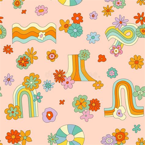 S Groovy Hippie Seamless Pattern With Rainbow Daisy Abstract