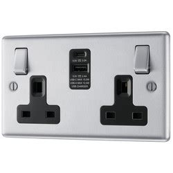 BG Brushed Steel 13A Black Insert Switched Socket A C Type USB 2