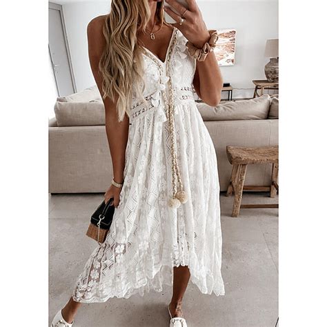 Femme Robe Évasée Robe longue maxi Blanche Beige Sans Manches Imprimé