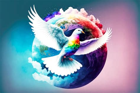 Premium Photo Peace Dove Flying Among Rainbow Clouds Over Earth