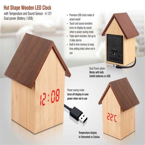 Power Plus Hut Shape Wooden LED Clock With Temperature And Sound Sensor