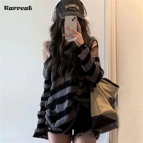 Karrcat Gothic Streetwear Striped Knitted Sweater Women Harajuku Punk