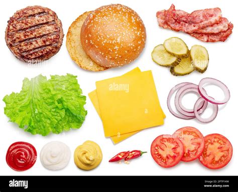 Set of popular cheeseburger ingredients isolated on white background ...