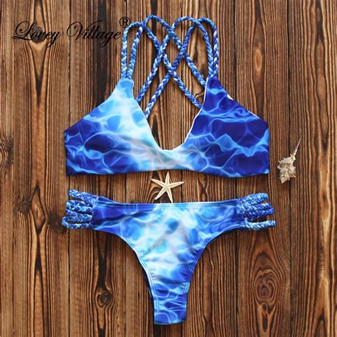 Lovey Village Women Blue Print Swimwear Lace Up Bikini Set Summer