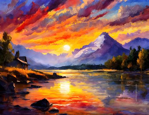 Beautiful fantasy landscape with river and mountain background, sunset ...