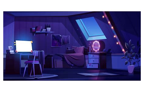 Girl Bedroom Interior on Attic at Night Graphic by myteamart · Creative ...