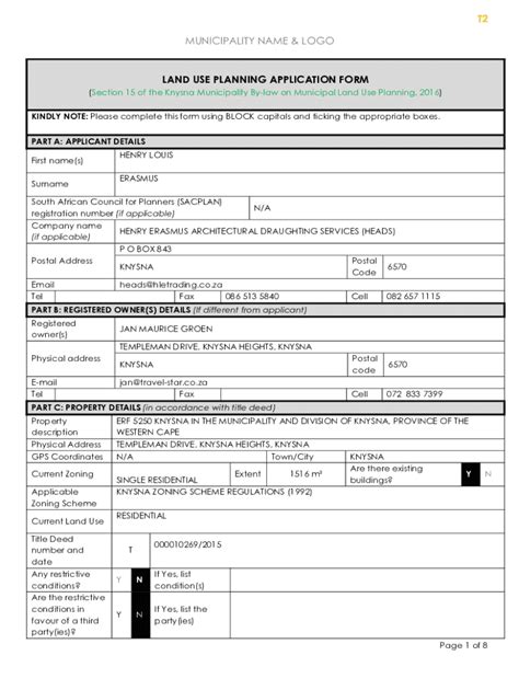 Fillable Online T Municipal Land Use Application Form Knysna Gov Za