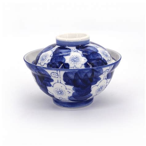 Japanese Blue Ceramic Bowl With Lid Ume Flowers