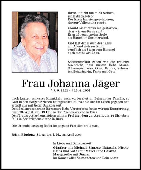 Todesanzeigen von Johanna Jäger Todesanzeigen Vorarlberger Nachrichten