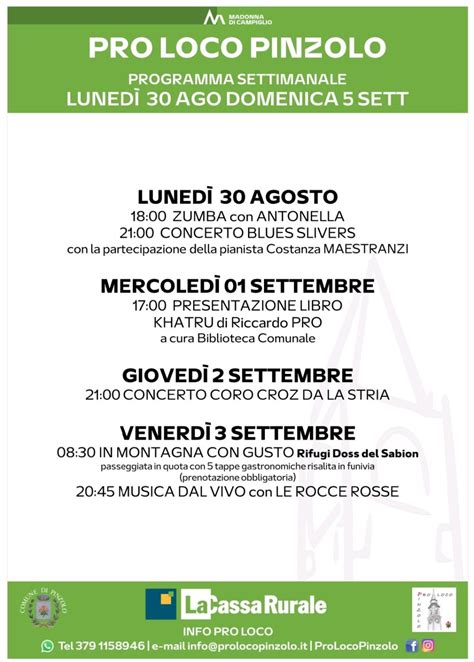 Pro Loco Pinzolo Programmazione Settimanale Luned Agosto