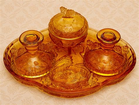 Sowerby Glass Amber Dressing Table Set Butterfly Tray Candlesticks