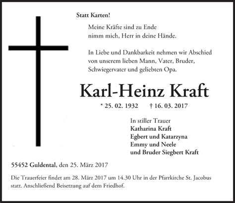 Traueranzeigen Von Karl Heinz Kraft Vrm Trauerde