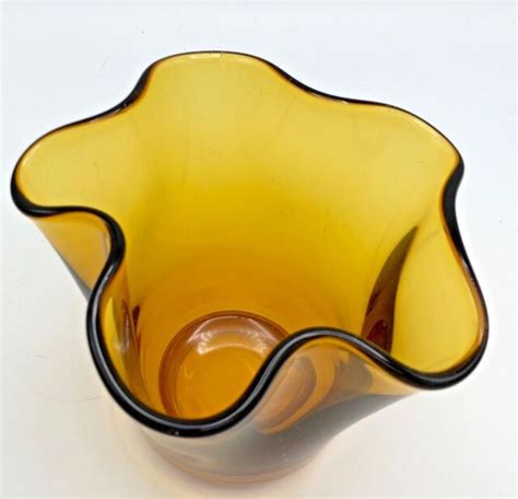 Vintage Hand Blown Amber Art Glass Vase Folded Vase Heavy 6 12 Ebay