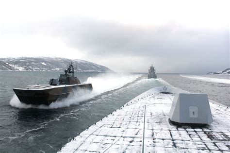 Norwegian navy ships passing each other during Cold Response 2012 [3110 ...