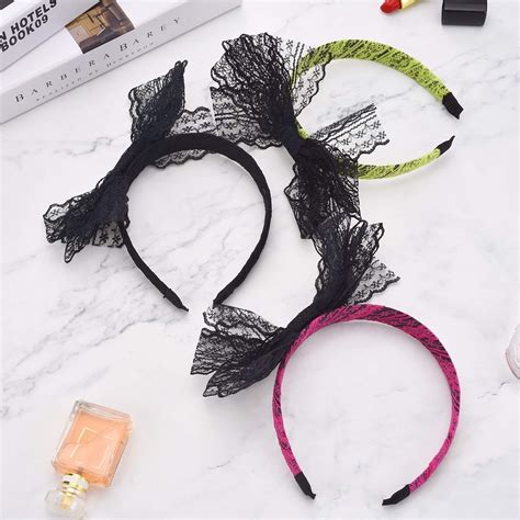 Hicarer 80s Party Lace Headband With Bow 80s Headbands Women Girls