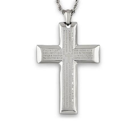 Crucible Mens Stainless Steel Lords Prayer Spanish Cross Pendant