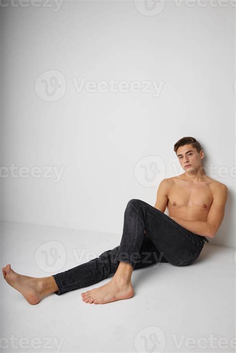 Man Sitting On Floor Naked Torso Posing Isolated Background 22059049