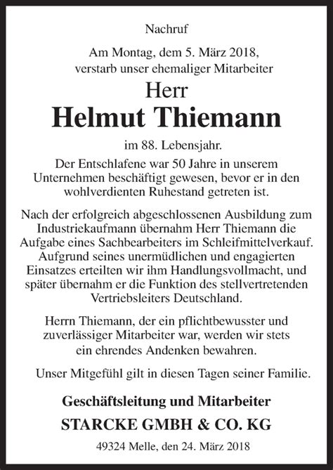 Traueranzeigen Von Helmut Thiemann Noz Trauerportal