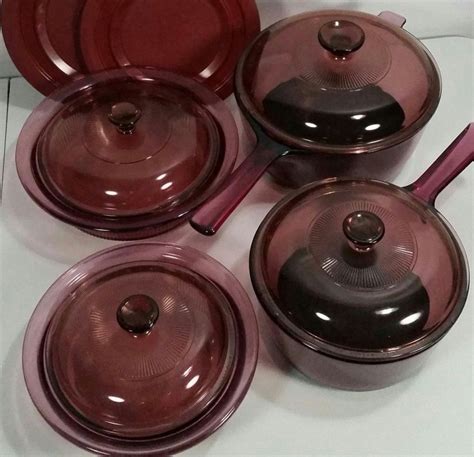 Vtg Corning Vision Pyrex Cranberry Glass Cookware Pc Pots Baking