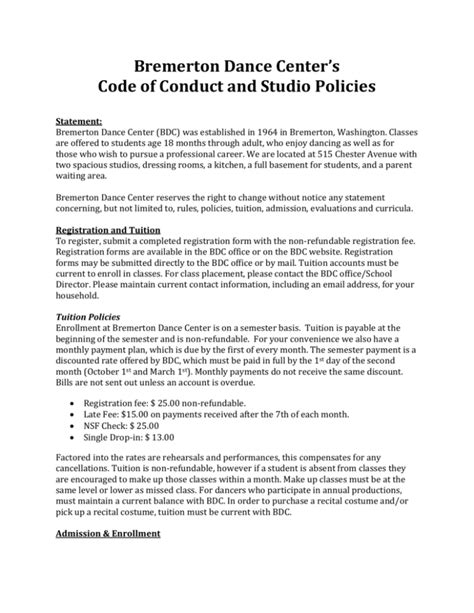 Bremerton Dance Center`s Code Of Conduct And Studio Policies