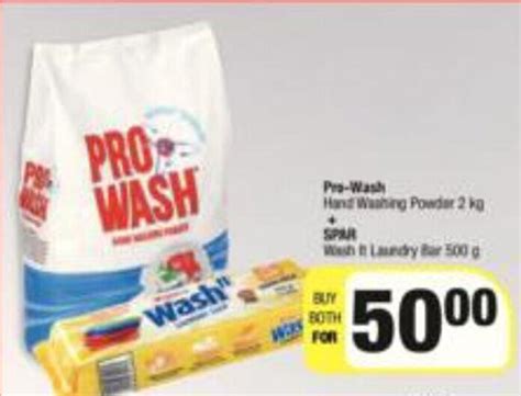Pro-Wash Hand Washing Powder 2kg + SPAR Wash it Laundry Bar 300g offer ...