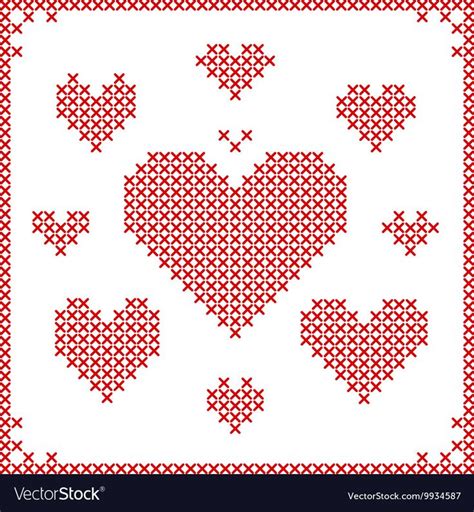 Set Of Cross Stitch Embroidery Hearts Different Sizes Art Vector