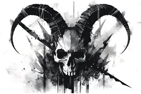 Human Skull With Goat Horn Black And White Tattoo Sketch Stock