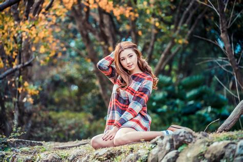 Asian Women Model Long Hair Brunette Sitting Pullover Trees Bushes