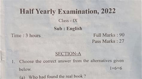 Class 9 English Question Paper Of Half Yearly 2022 Class 9 Previous Year English Question