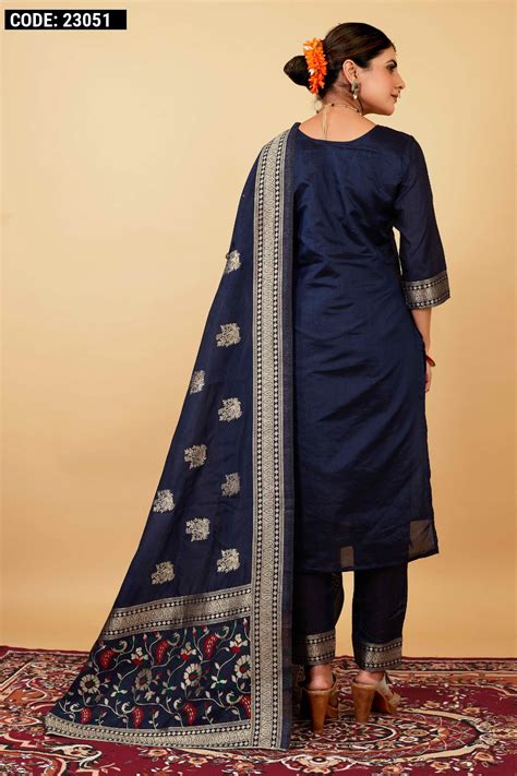 Navy Blue Color Paithani Silk Unstitched Dress