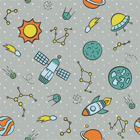 Space Planets Stars And Rockets Hand Drawn Seamless Pattern In