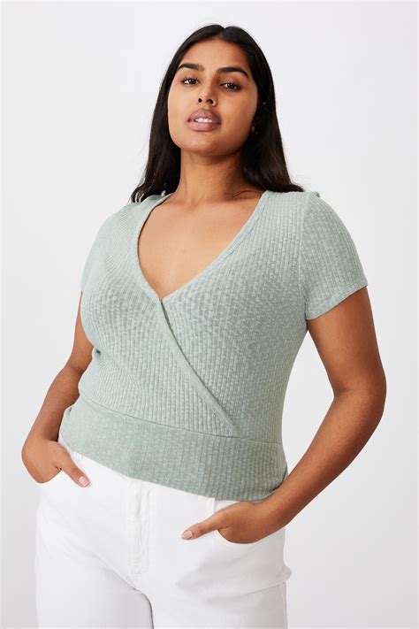 Curve Tonya V Cross Over Short Sleeve Top Lush Green Cotton On Tops