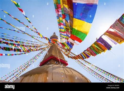 Boudhanath Stupa With Colorful Prayer Flags Buddha Eyes And Golden