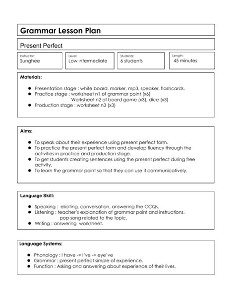 Grammar Lesson Plan Present Perfect Tense Printable Templates Free