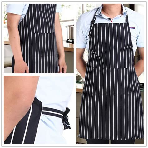 Adjustable Adult Black Stripe Bib Apron With 2 Pockets Chef Waiter