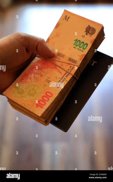 A Stack Of Argentine Pesos Banknotes Buenos Aires Argentina Stock