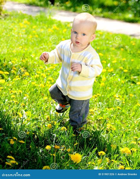 First Steps Of Blond Toddler Baby On Spring Grass Stock Photo Image