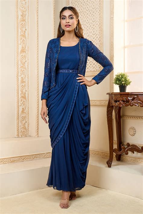 Buy Blue Viscose Georgette Embroidered Draped Saree Gown With Jacket