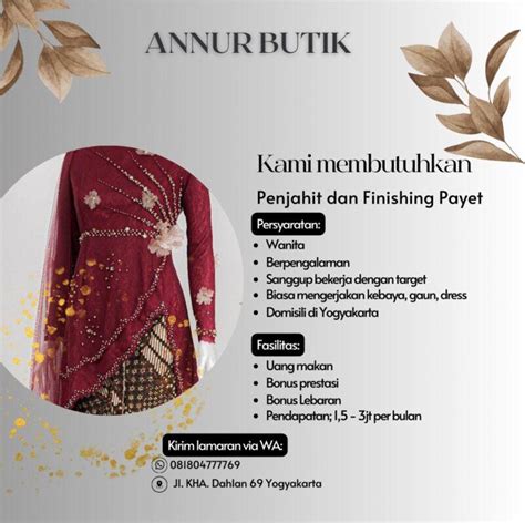 Lowongan Kerja Penjahit Finishing Payet Di Annur Butik Lokerjogja Id