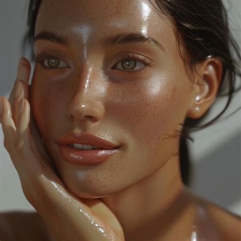 A Model With A Freckles On Her Face Is Covered In Water Premium Ai