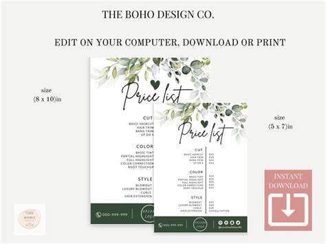 Price List Template Diy Small Business Printable Pricing Etsy