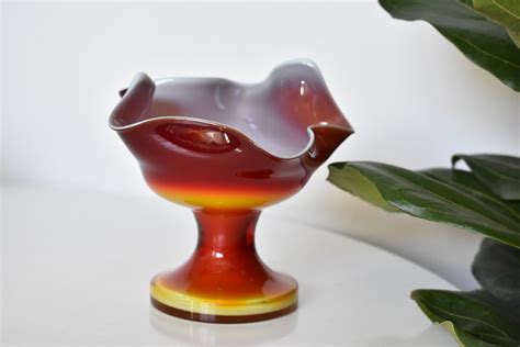 Mid Century Blown Glass Bowl By Dragan Drobnjak Made In Yugoslavia Vintage Red And Yellow