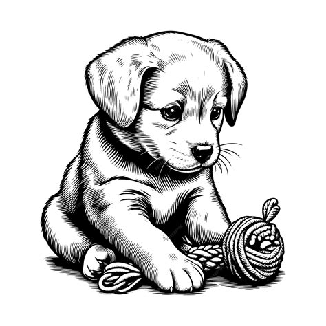 Premium Vector | Puppy plays with a toy hand drawn engraving style
