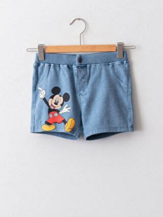 İNDİGO Beli Lastikli Mickey Mouse Baskılı Erkek Bebek Jean Şort