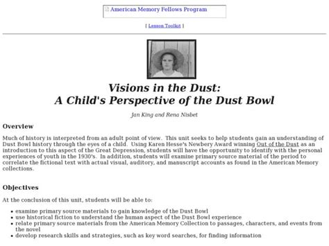 Visions in the Dust: A Child's Perspective of the Dust Bowl Lesson Plan for 6th - 8th Grade ...